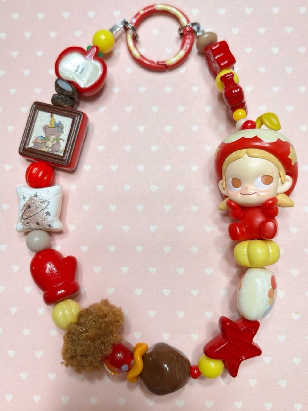 Red Strawberry Character Beaded Bag Charm with Playful Figurine